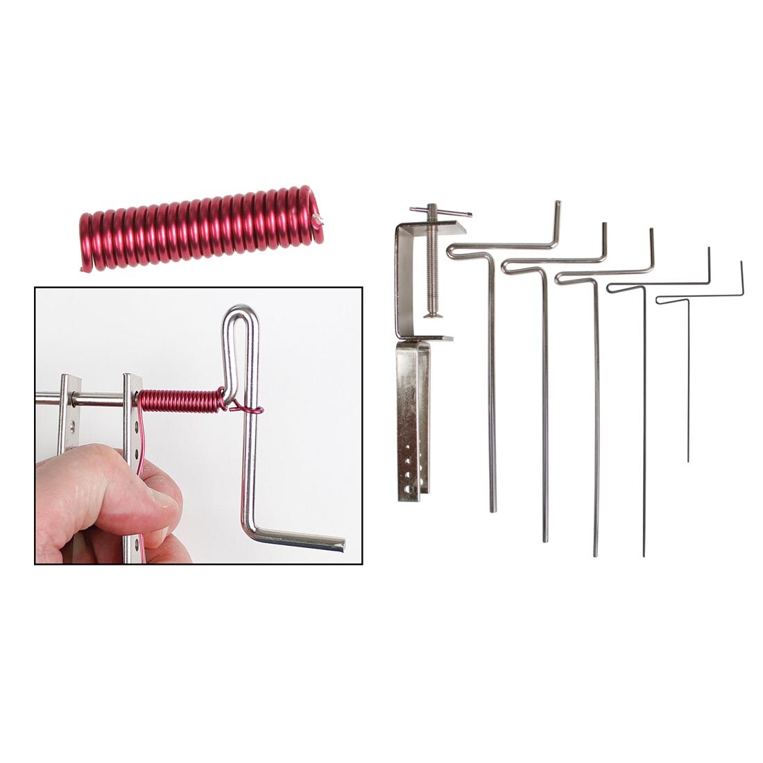 Artistic Wire Coiling Gizmo shown with an example coiled wire; inset picture of it in use