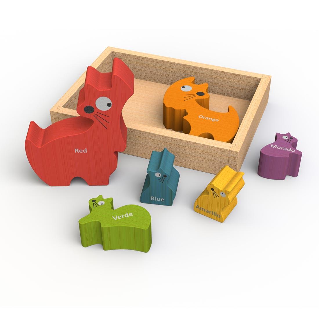 Cat Pieces standing outside the box of the Cat Family Bilingual Color Puzzle by BeginAgain Toys
