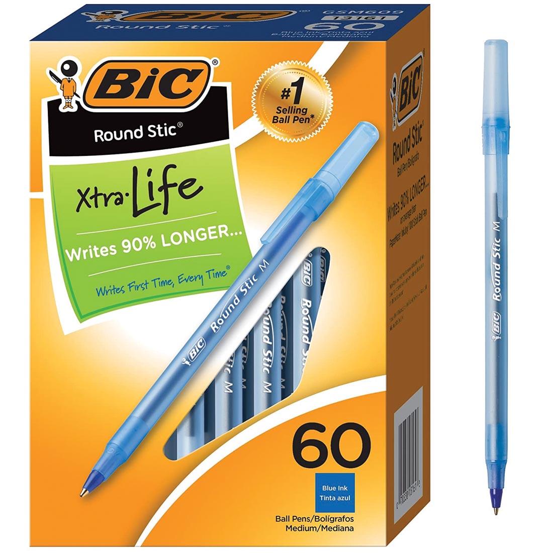 Box of BiC Round Stic Xtra Life 60-Count Blue Ball-Point Pens with individual pen beside it