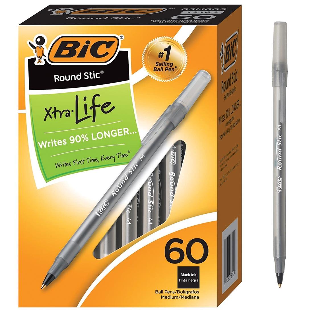 Box of BiC Round Stic Xtra Life 60-Count Black Ball-Point Pens with individual pen beside it