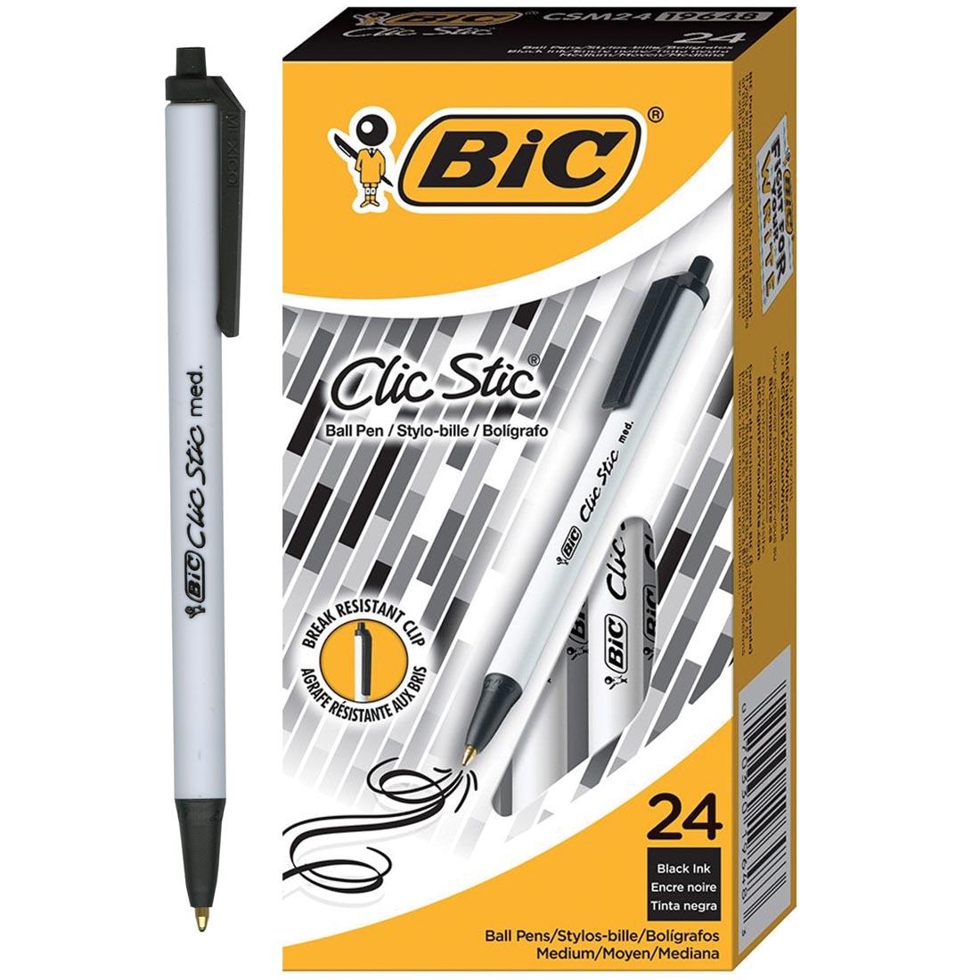 Box of BiC Clic Stic Ball Pens with an individual pen beside it