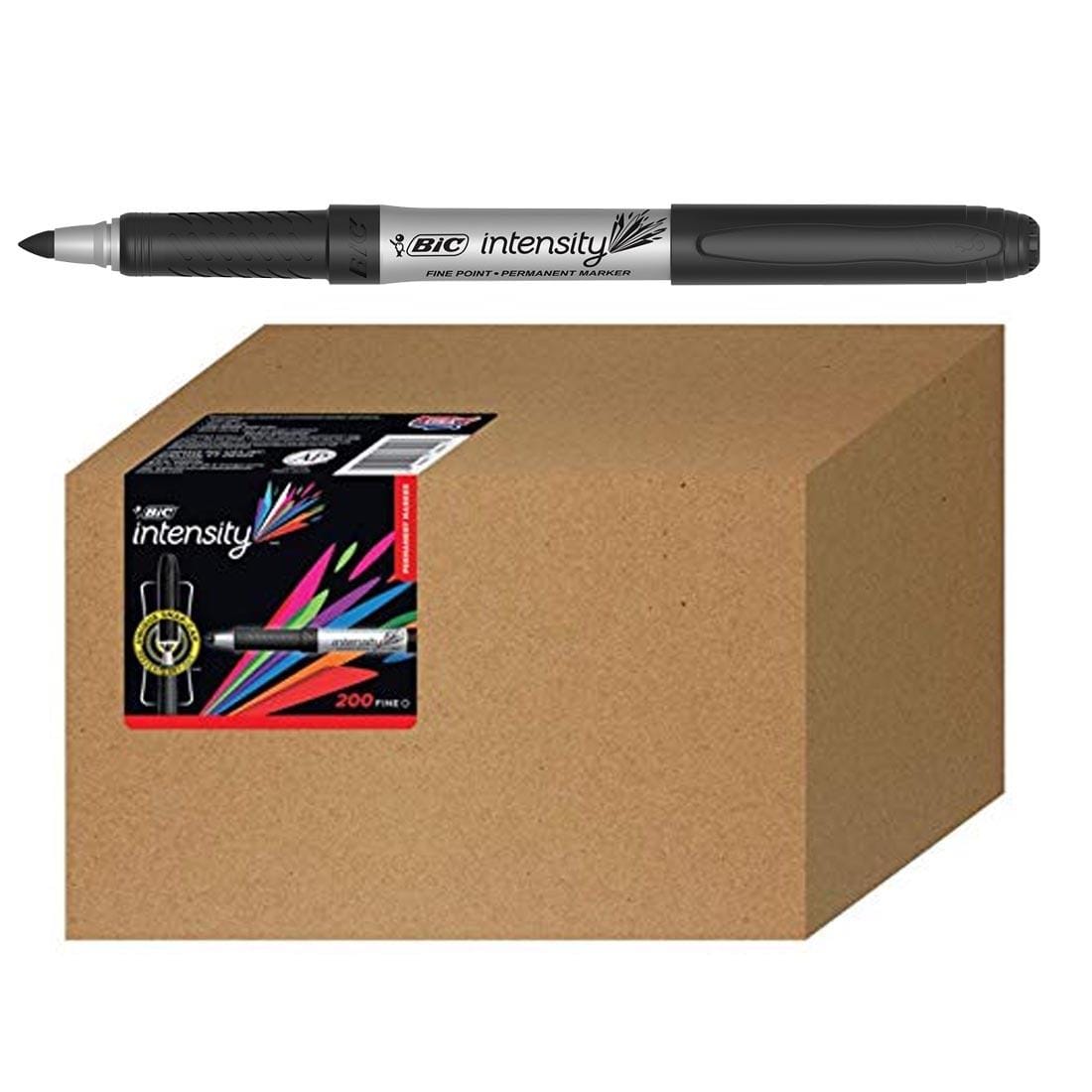 Bic Intensity Permanent Markers, Fine, Silver Barrels, Black Ink, Box of 200 Markers