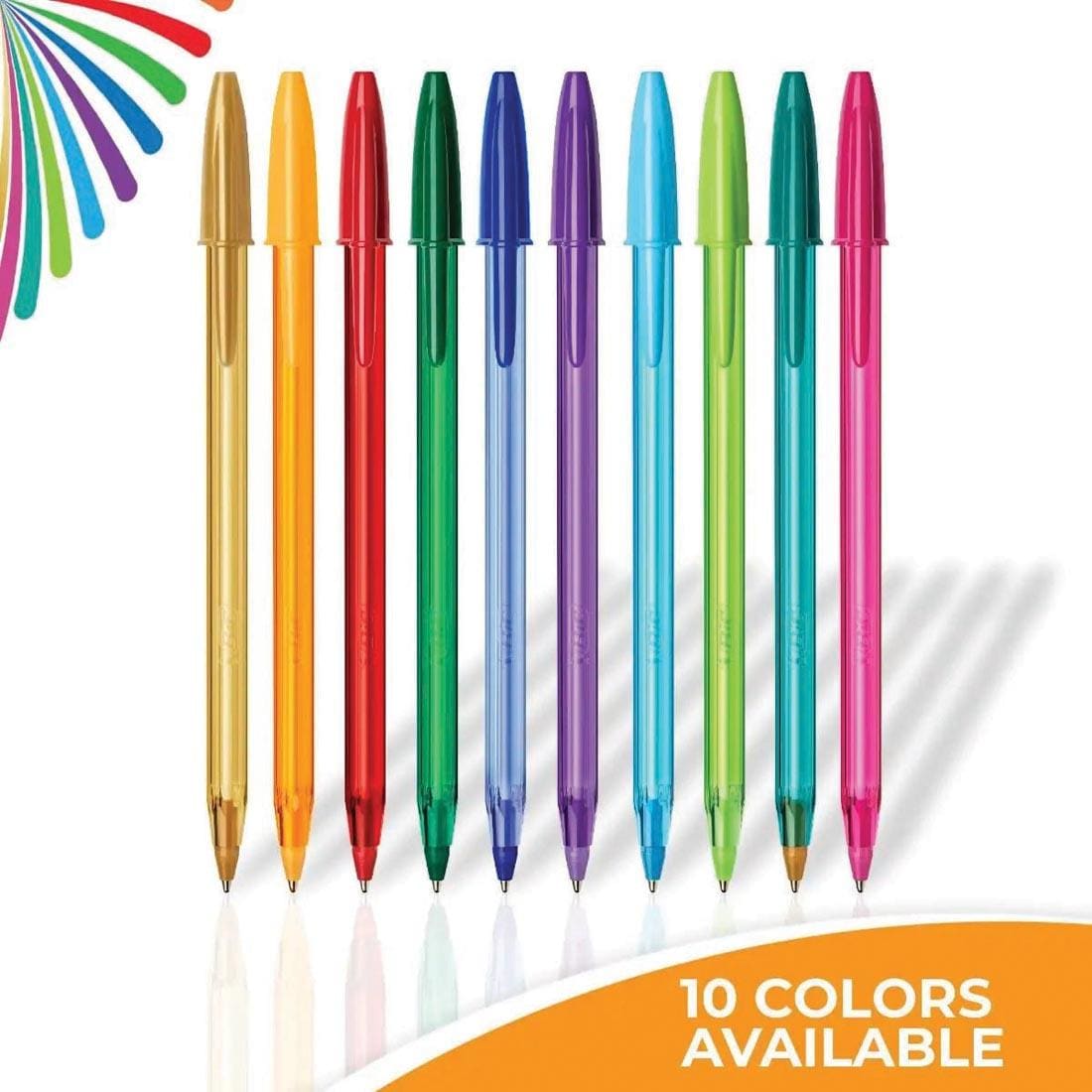 10 pens from the Bic Cristal Color Cues 60-Count Ball Point Pens with the text 10 Colors Available