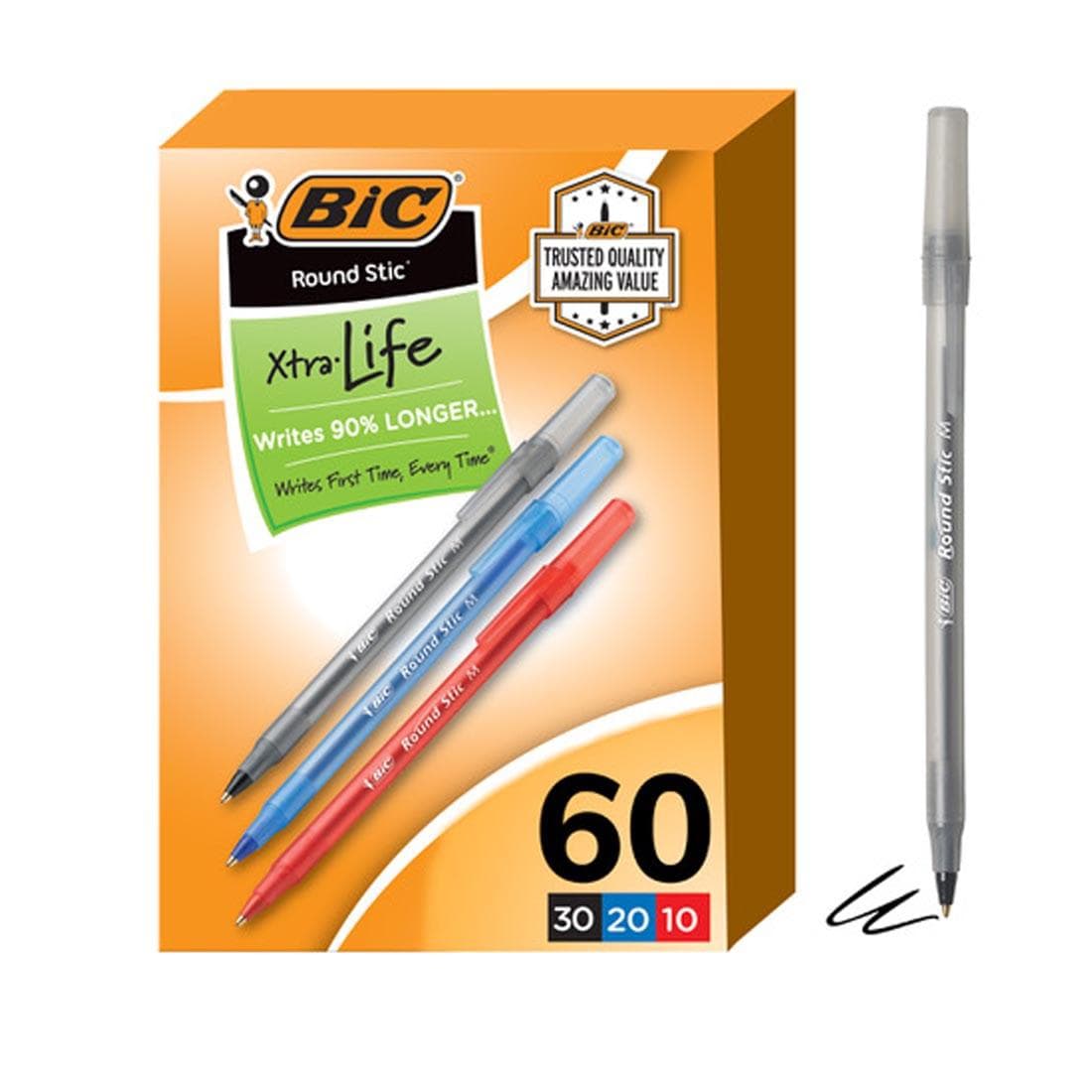 60-Count box of BiC Round Stic Xtra Life Assorted Ball-Point Pens beside an upright pen