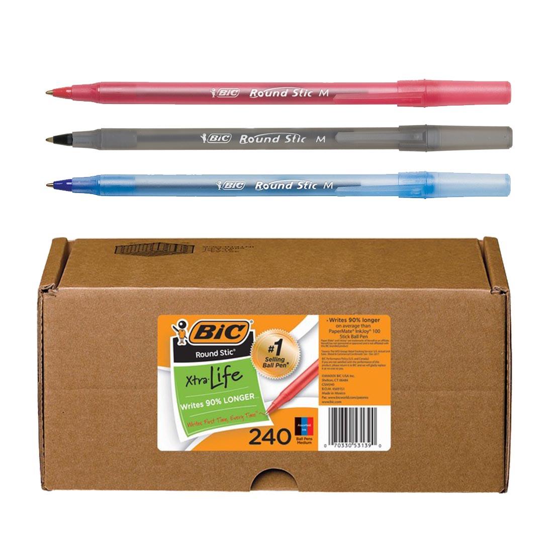 Box of 240 BiC Round Stic Xtra Life Assorted Ball-Point Pens with closeups of red, black and blue pens