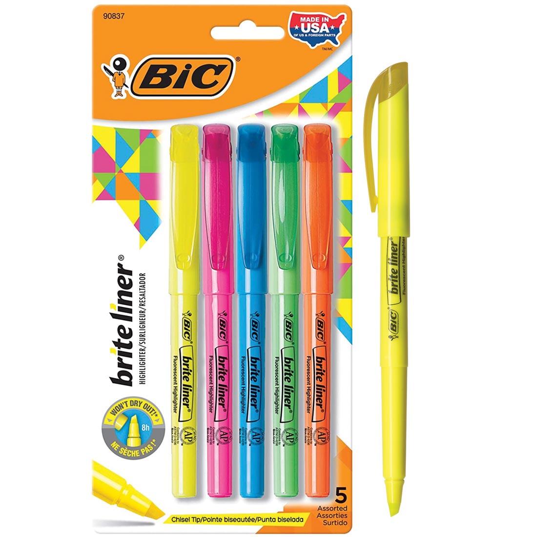 Package of BiC Brite Liner Fluorescent Highlighters and a yellow one shown uncapped