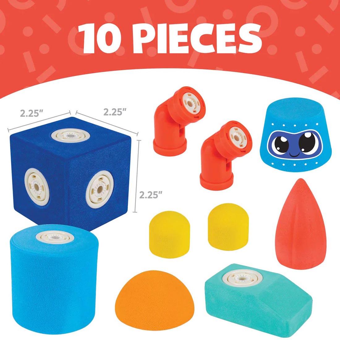 Components of the Blockaroo Magnetic Foam Builders Robot Set with the label 10 Pieces and the measurements for one