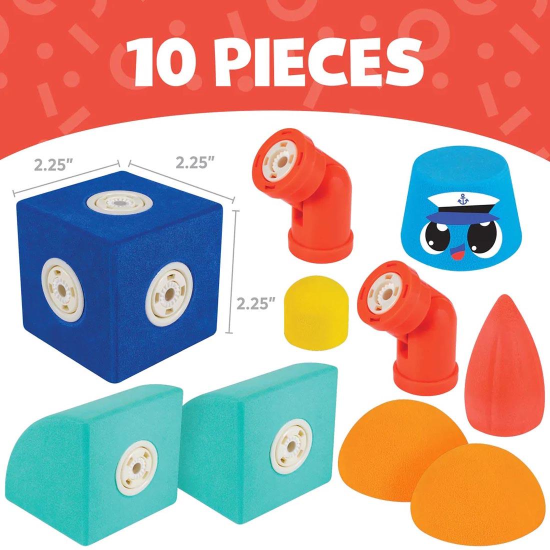 Components of the Blockaroo Magnetic Foam Builders Tugboat Set with the label 10 Pieces and the measurements for one
