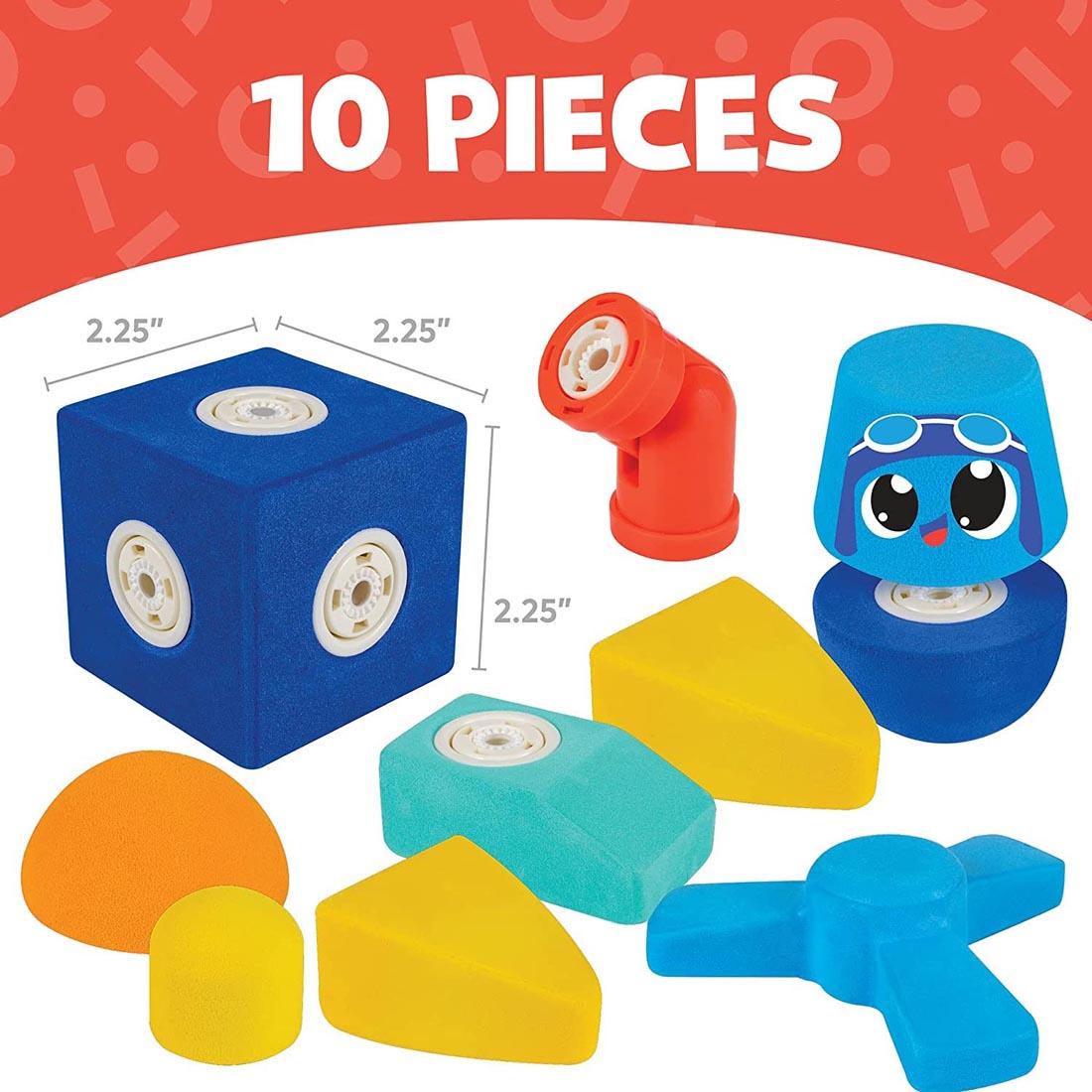 Components of the Blockaroo Magnetic Foam Builders Airplane Set with the label 10 Pieces and the measurements for one
