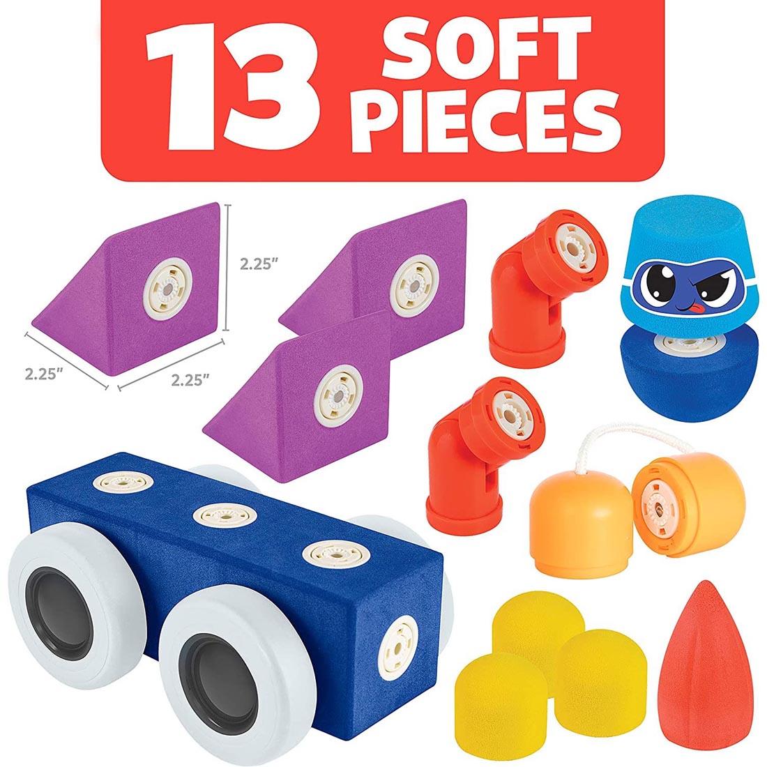 Components of the Blockaroo Magnetic Foam Builders Roadster Set with the label 35 soft pieces plus the measurements for one of them