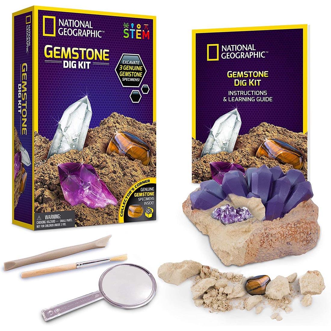 National Geographic Gemstone Dig Kit's package, instructions, plus the components in use