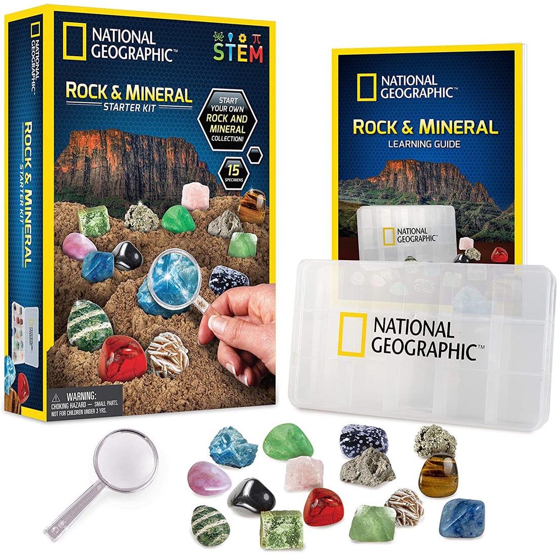 National Geographic Rock & Mineral Starter Kit package, learning guide, plus components