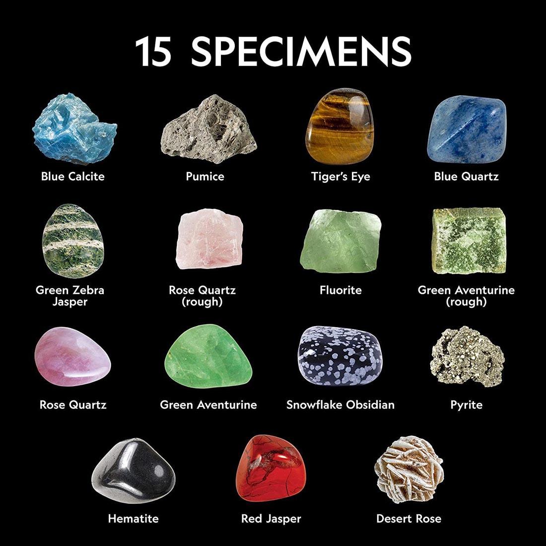 The 15 specimens found in the National Geographic Rock & Mineral Starter Kit labeled with their name