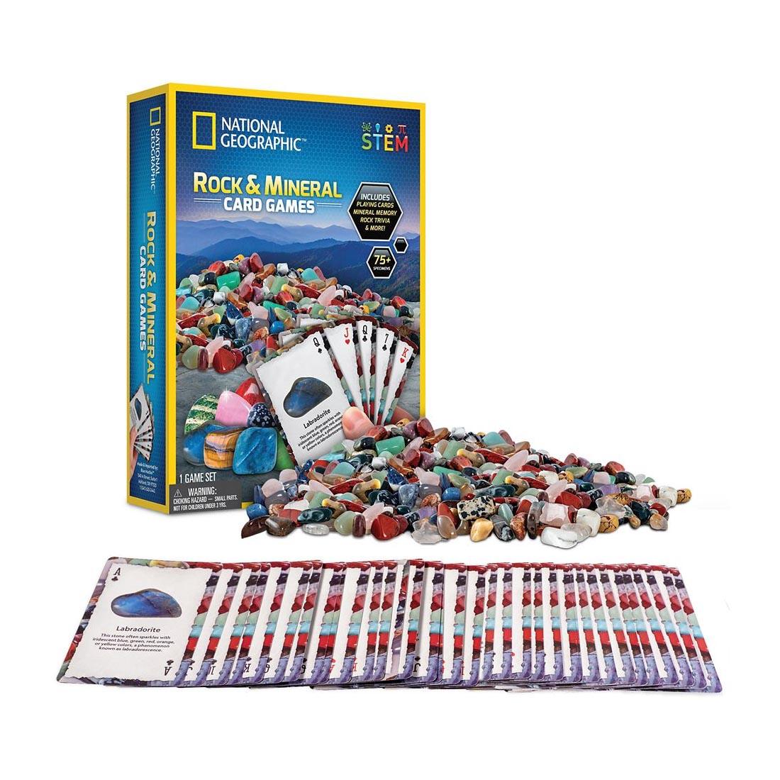 Rocks, Minerals and Cards outside the box of the National Geographic Rock & Mineral Card Games