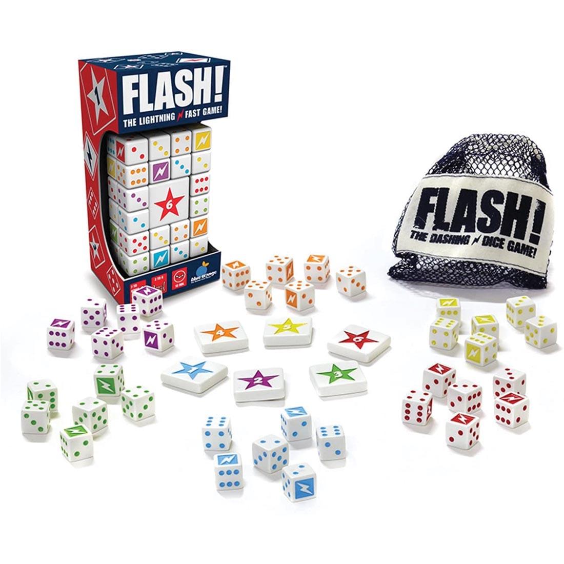 Flash Dice Game By Blue Orange Games shown both in and out of package