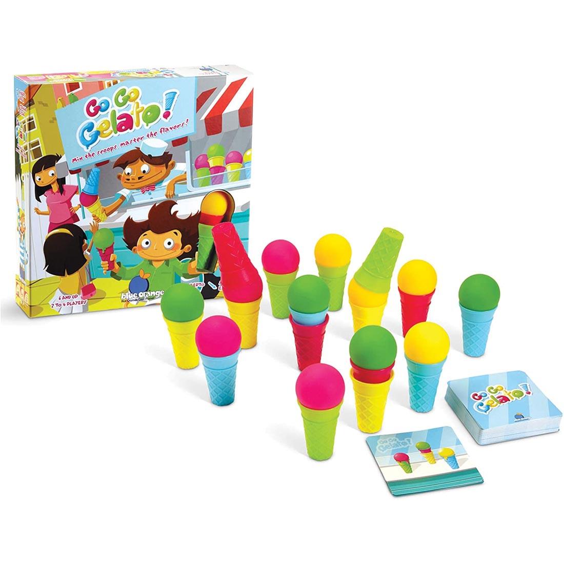 Cards, cones and scoops shown outside the package of Go Go Gelato Game By Blue Orange Games