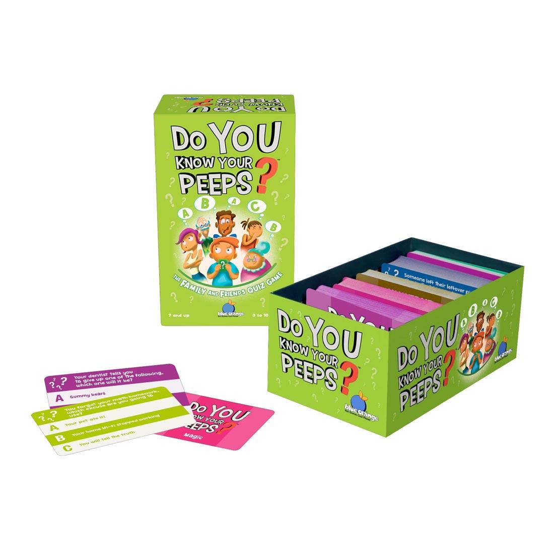 Do You Know Your Peeps? Game with lid off and a few cards out of the box