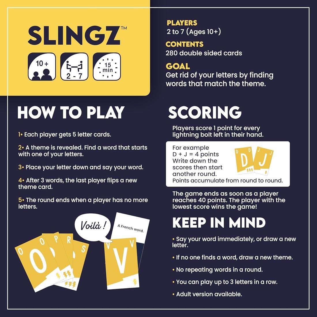 Instruction card from Slingz Card Games