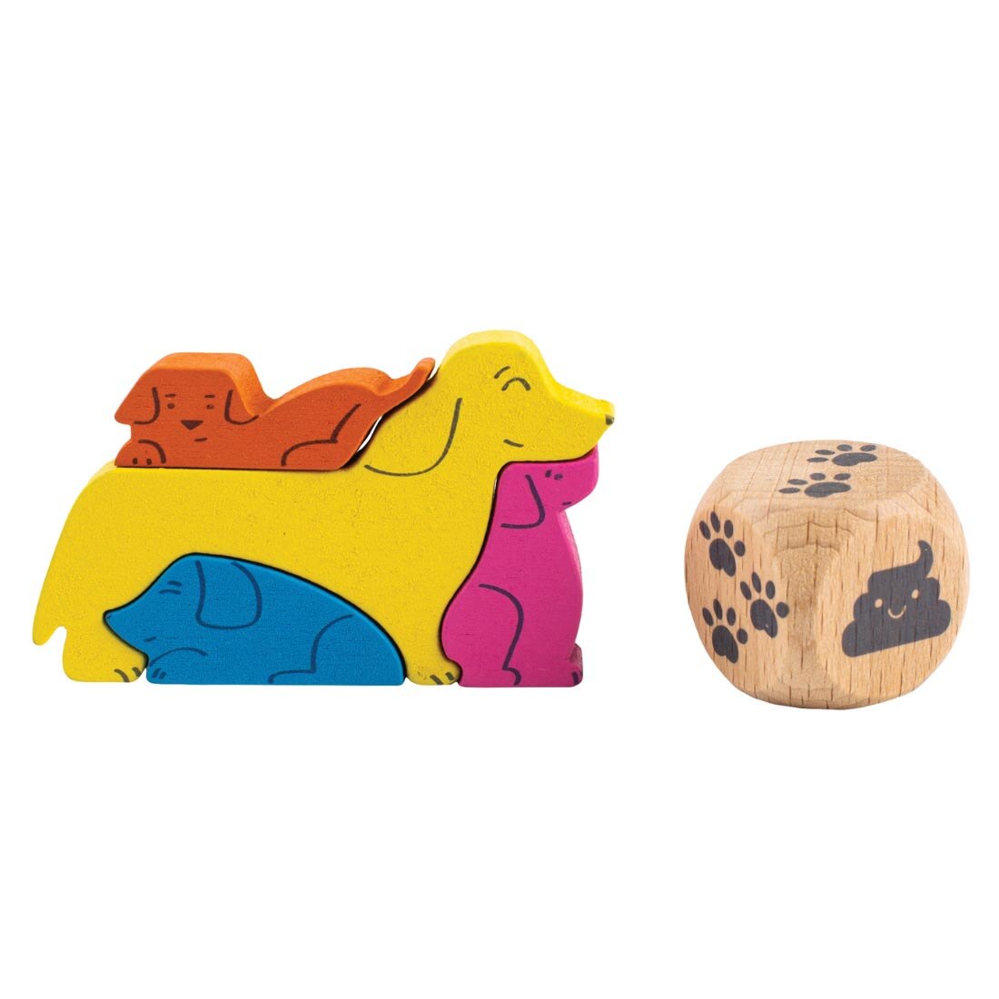 wooden figurines and die from the Mom 'N Pups Cooperative Board Game