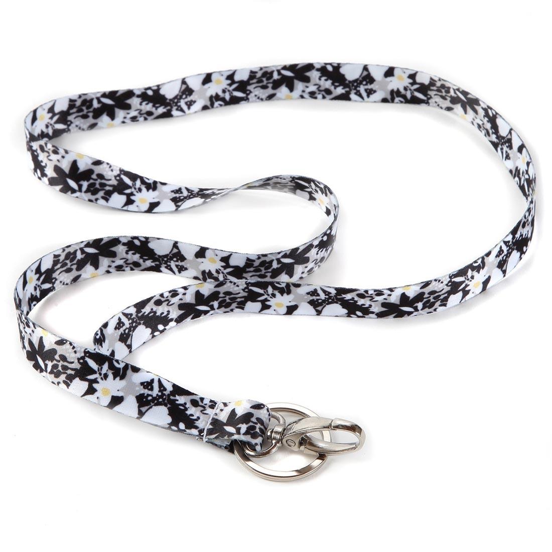 Black, White and Yellow Flowers on a Ribbon Lanyard with Clip and Keyring