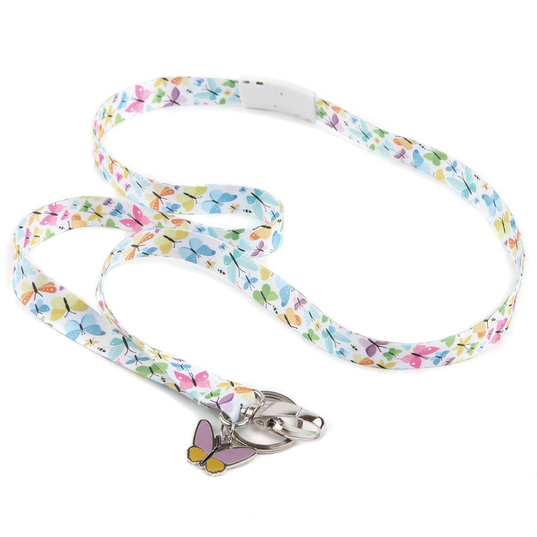 White Ribbon Lanyard With Pastel Butterflies has a clip, a keyring and a butterfly charm