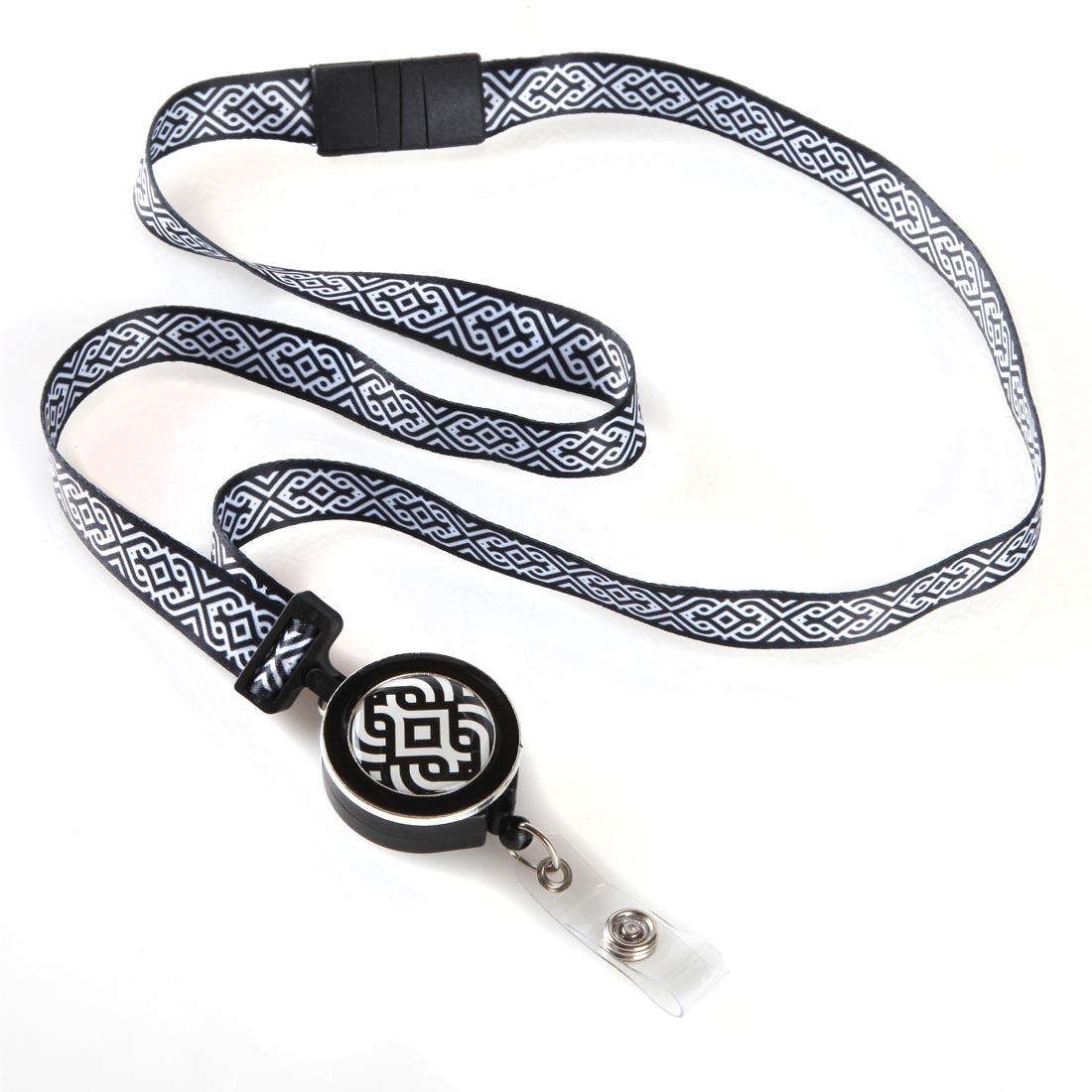 Black and White Scroll Patterned Ribbon Lanyard With Badge Reel