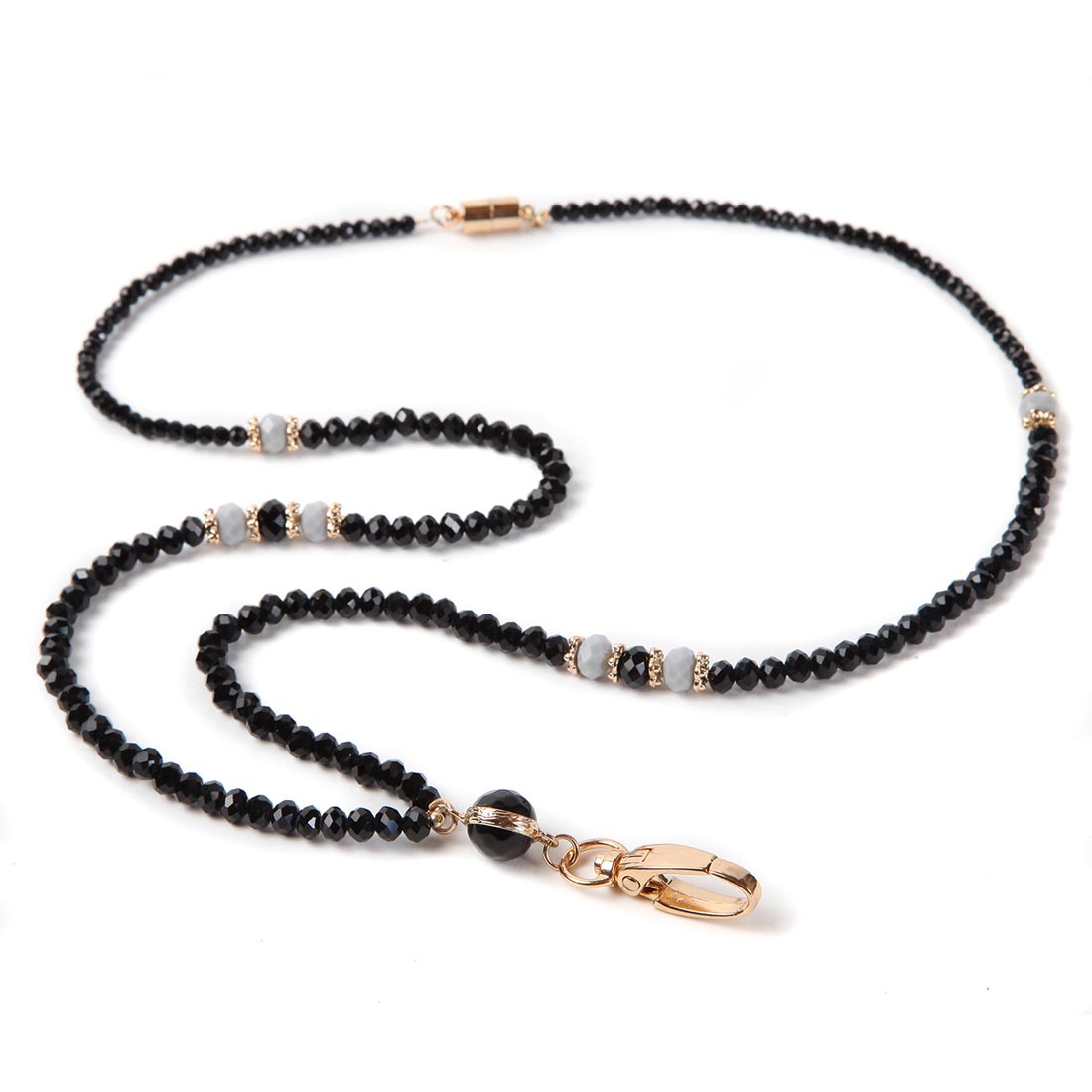 Gold Clip Lanyard with Black, Gray and Gold Beads