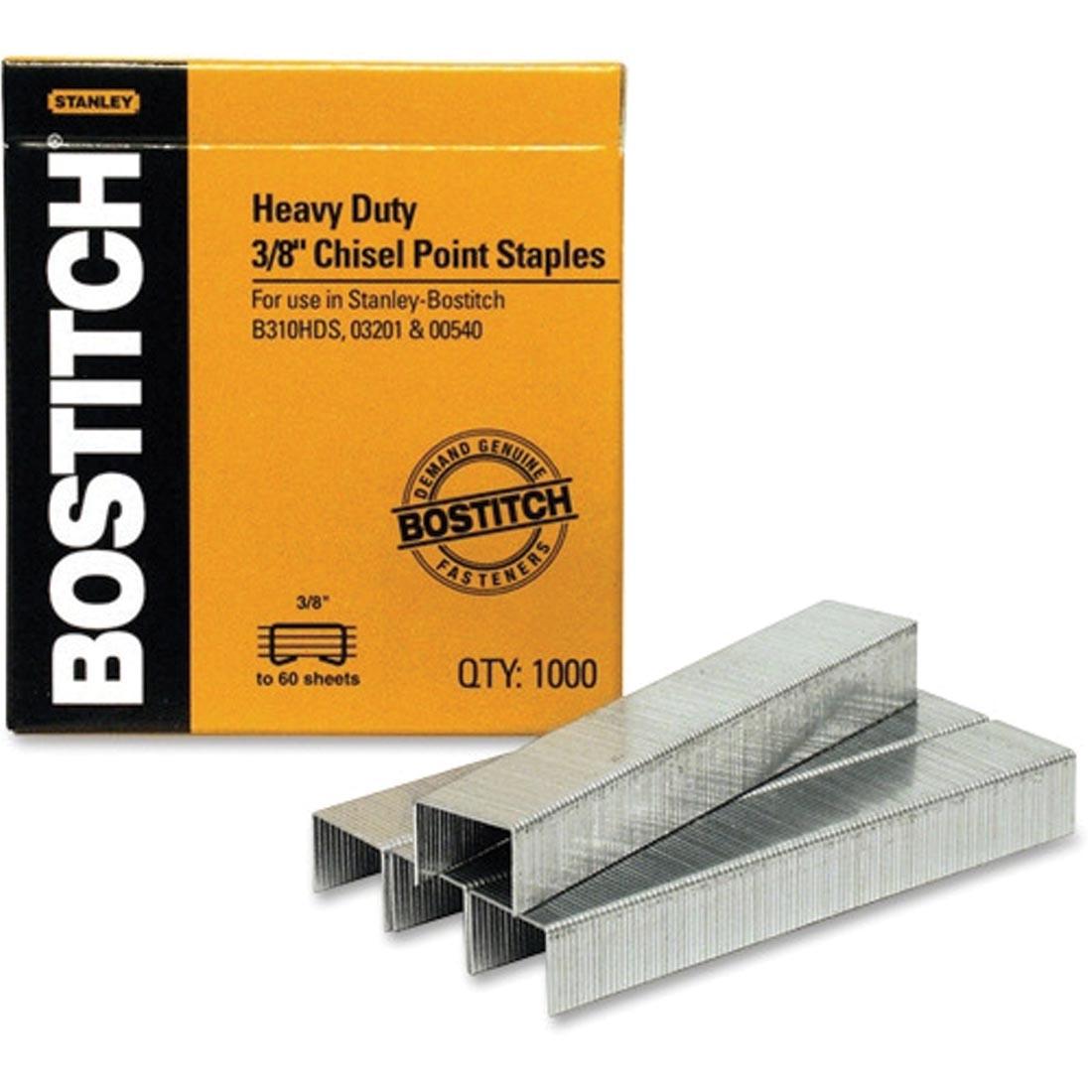 Strips of Bostitch Heavy-Duty Staples shown outside their box