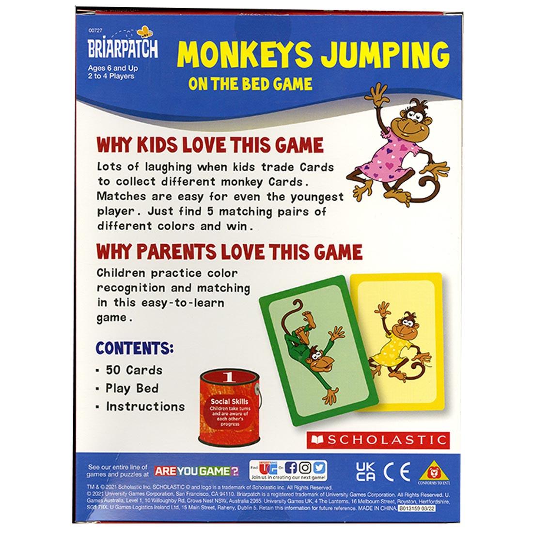 Back of box for Briarpatch Monkeys Jumping On The Bed Game