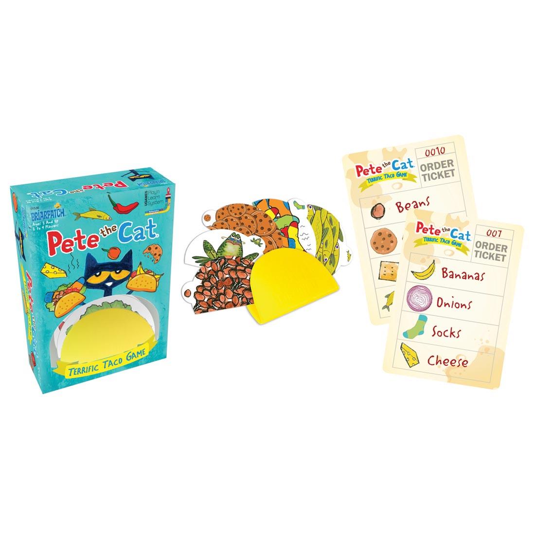 box and contents of the Pete The Cat Terrific Taco Game