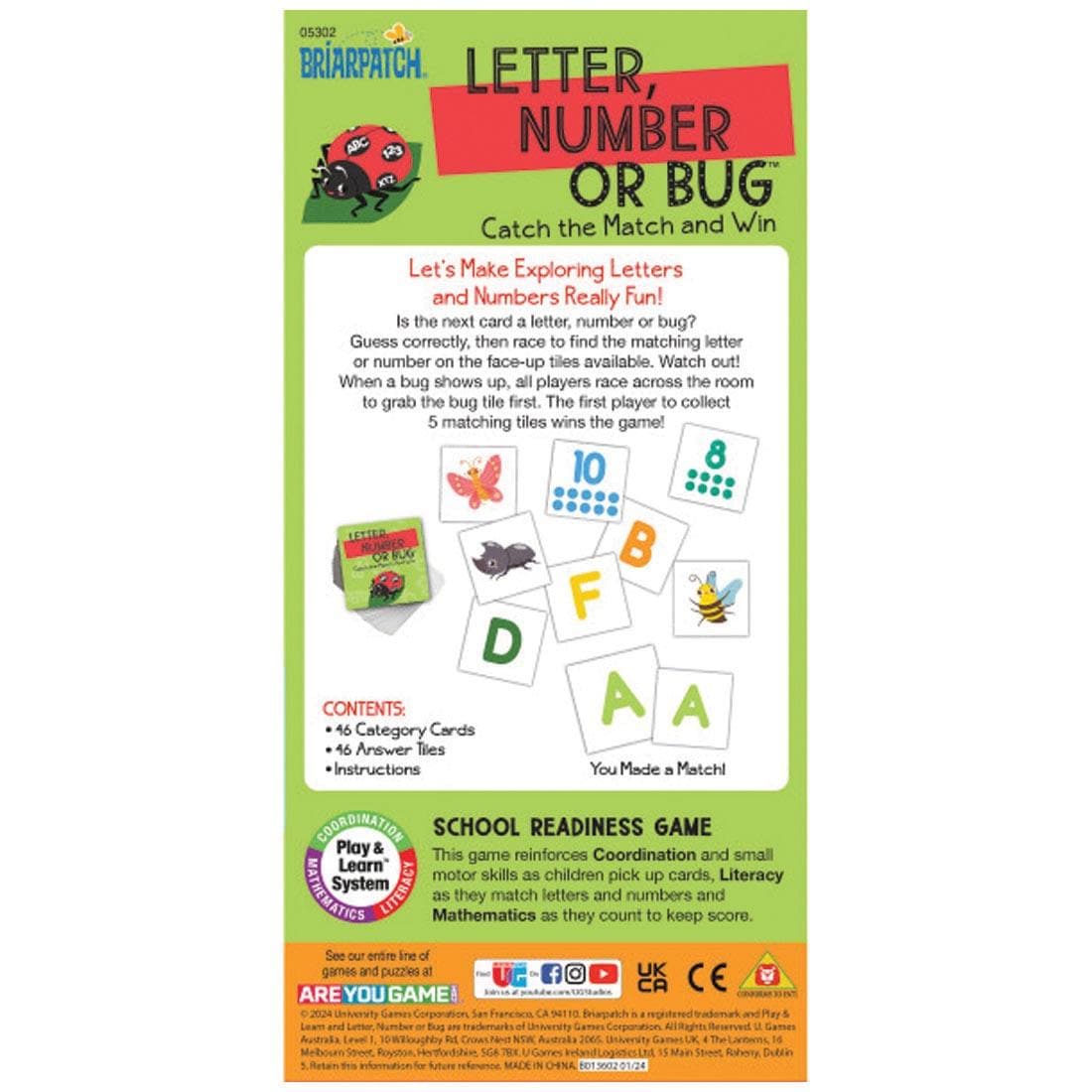 back of package for the Letter, Number or Bug Game By Briarpatch