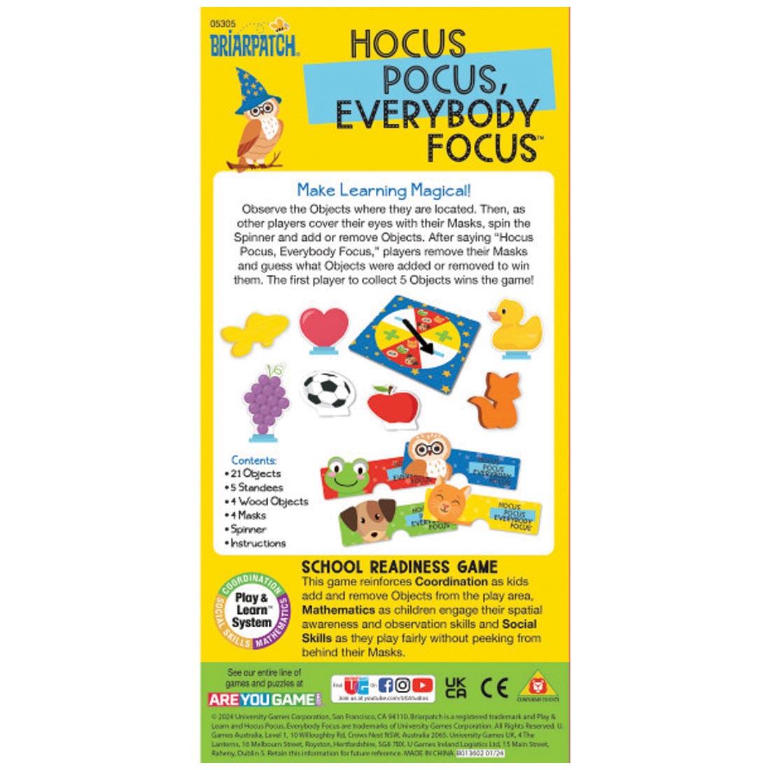 back of package of Hocus Pocus, Everybody Focus Game By Briarpatch