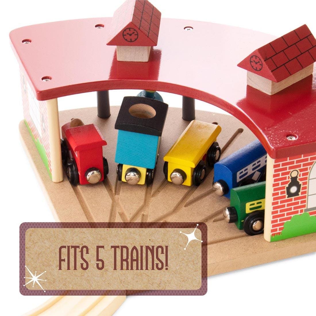 Conductor Carl Wooden Train Garage Shown With 5 Trains Parked