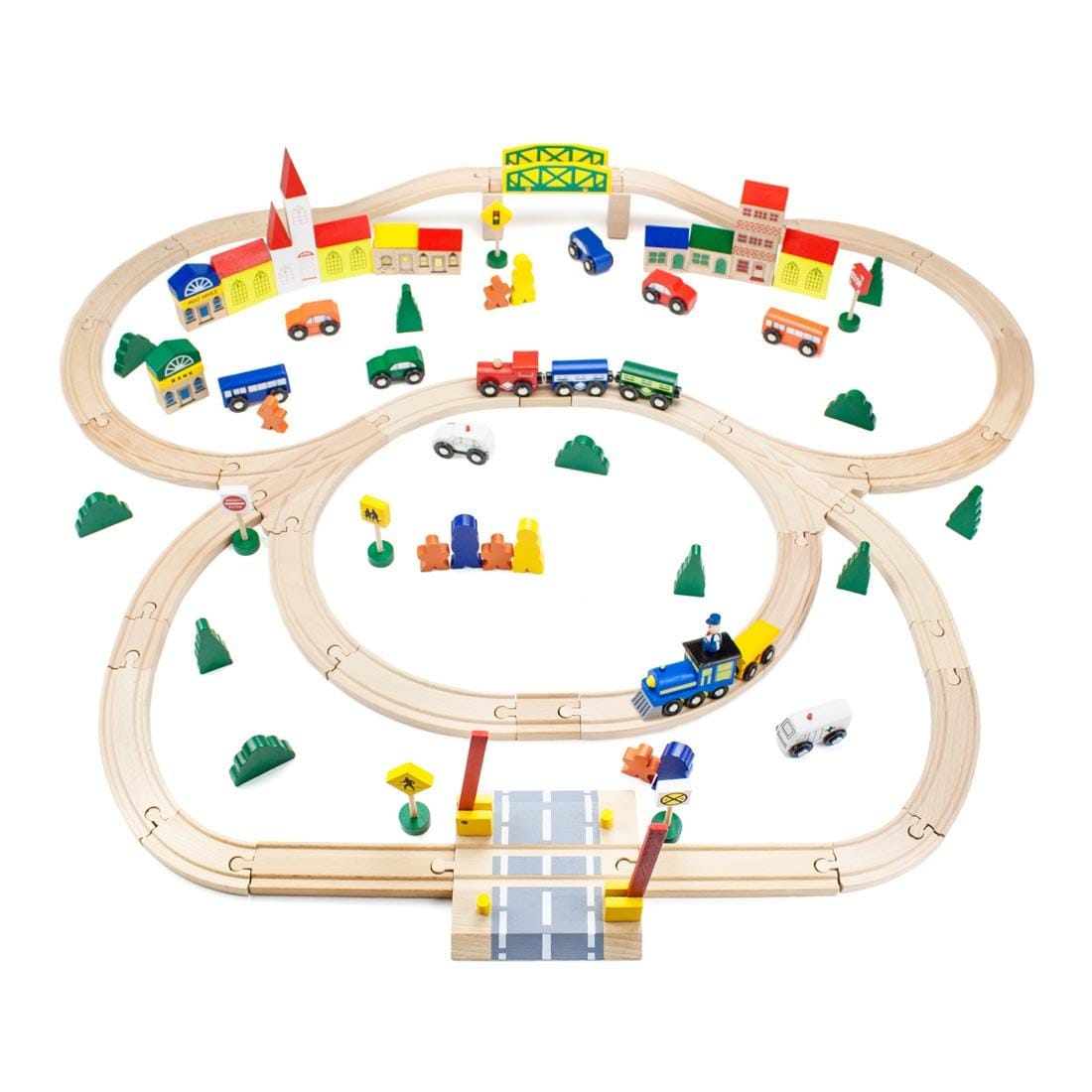 Wooden Train Track Set with Town Pieces, vehicles, and trains