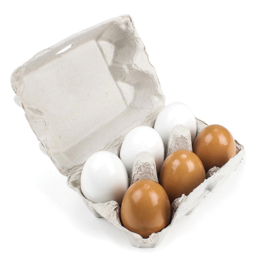 Three White and Three Brown Wooden Eggs in Carton