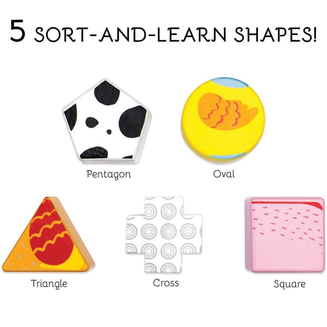 The Five Shapes of the Busy Barnyard Sorting Cube: Pentagon, Oval, Triangle, Cross and Square