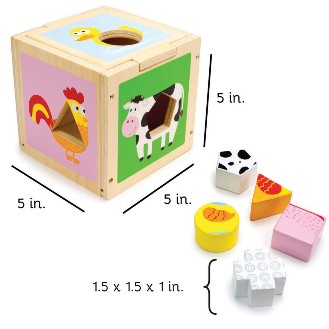 Busy Barnyard Sorting Cube labeled with measurements 5 in. plus the pieces labeled with the measurement 1.5 x 1.5 x 1 in.