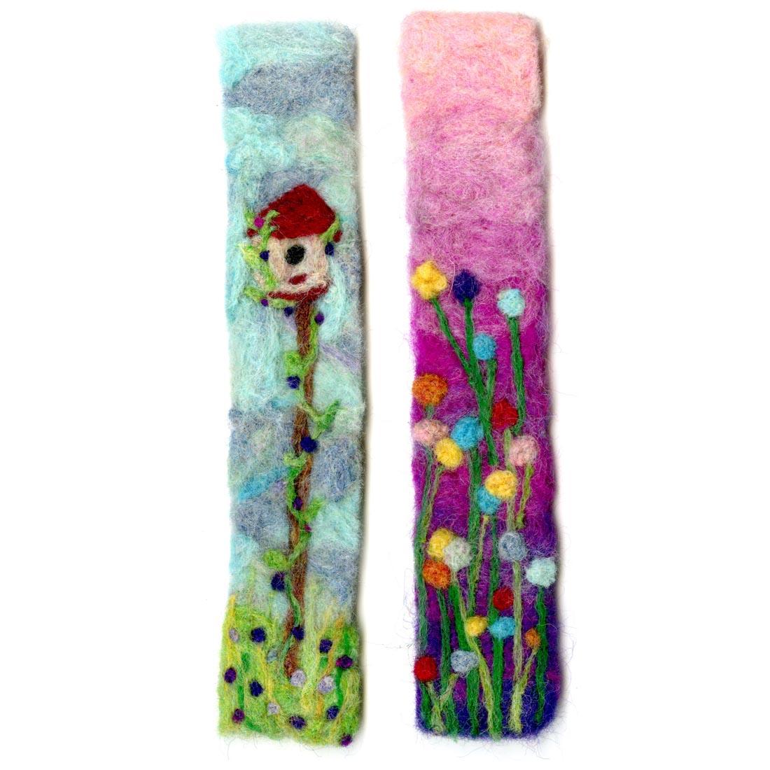 completed examples of two felted Wool Felt Bookmarks, one with a birdhouse and one with several flowers