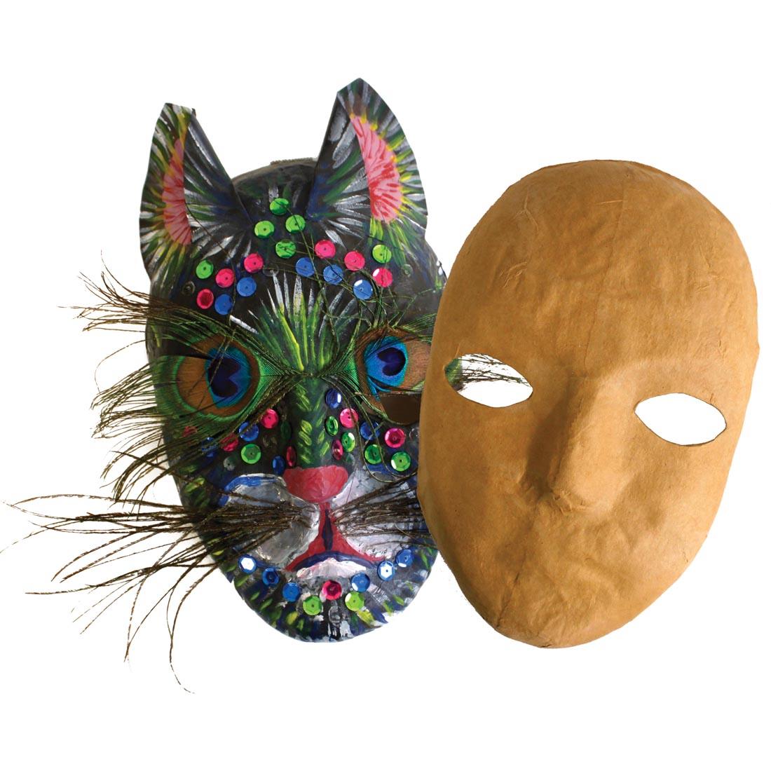 Creativity Street natural kraft Papier Mache full face Mask, with example of mask decorated like a cat