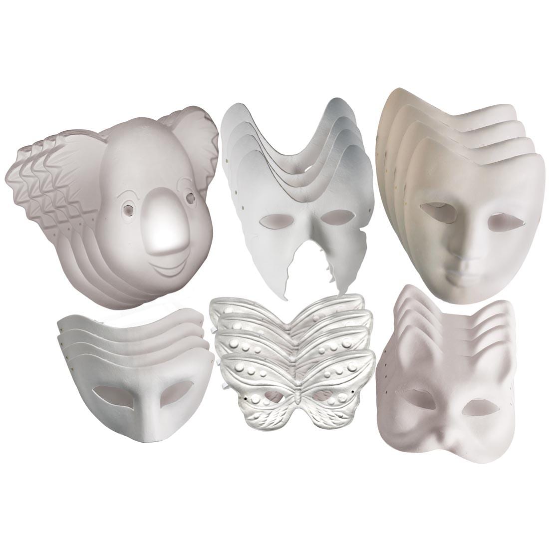 Creativity Street Paperboard Masks Assortment, showing koala, butterfly, v-shape, marauder, small butterfly and cat shapes