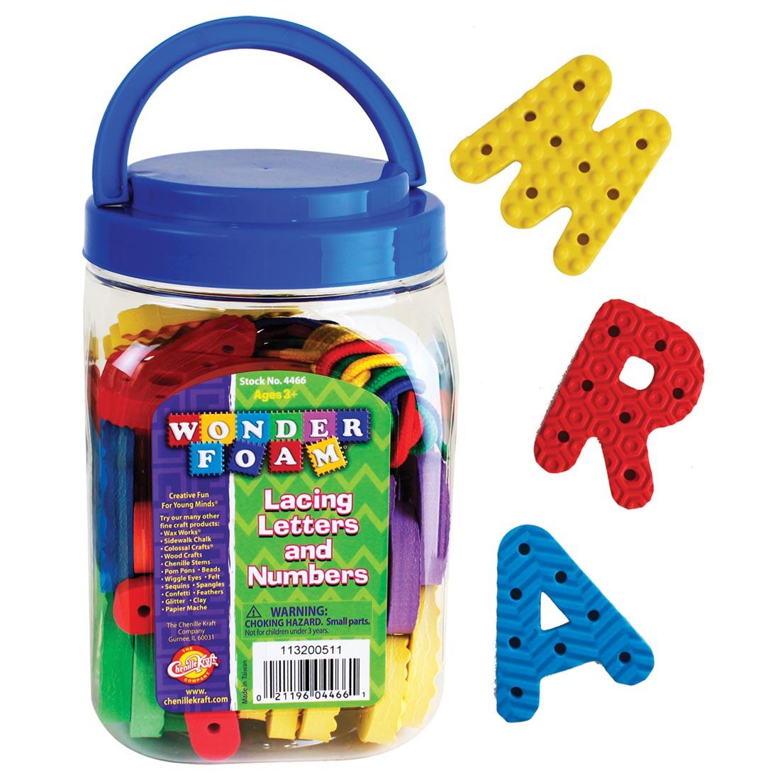 package of Creativity Street WonderFoam letters and numbers, with holes in each for lacing