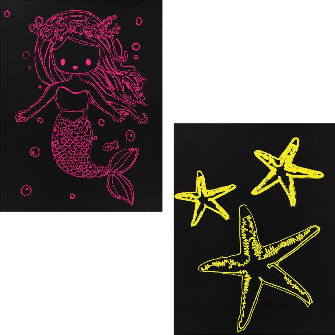 Now You See It Art Paper Fluorescent Flash shown scratched with a pink mermaid and yellow starfish