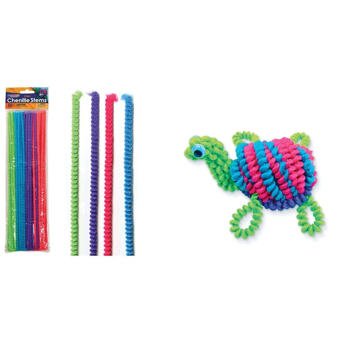 Creativity Street Spiral Chenille Stems package beside 4 individual colors, plus an example creation using them