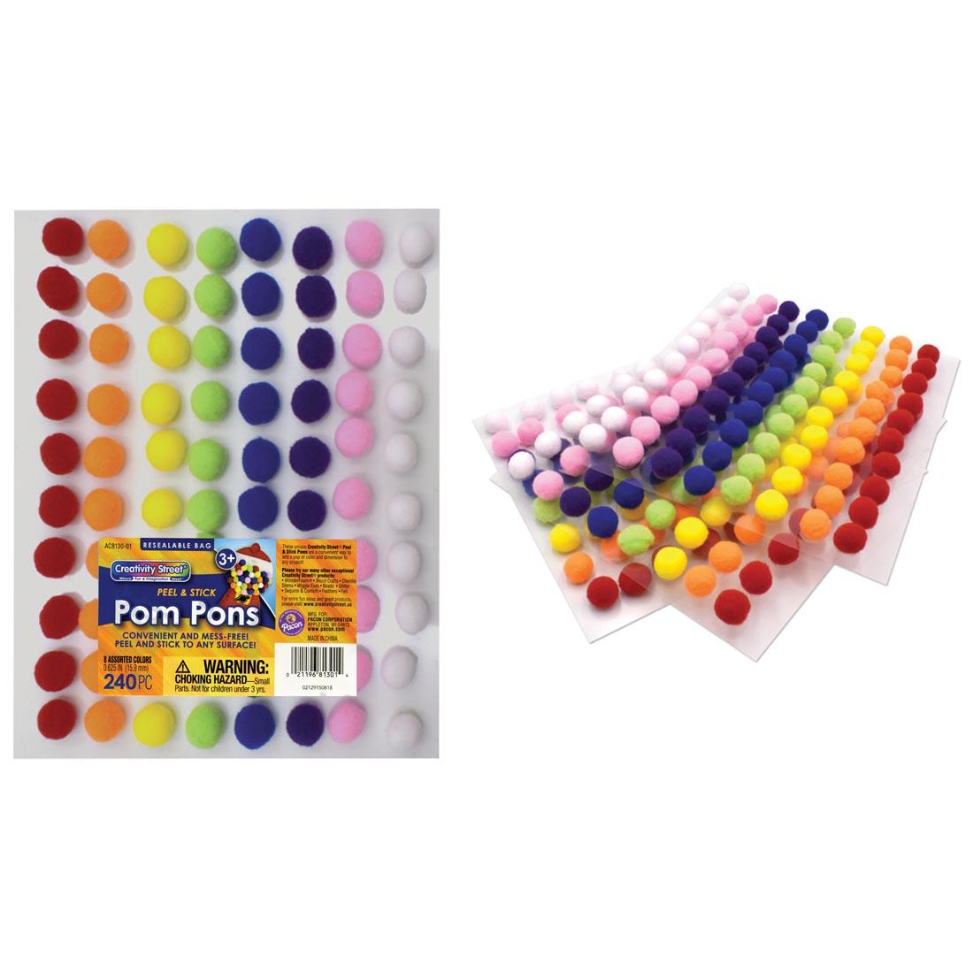 Creativity Street Peel & Stick Pom-Pons package plus 3 sheets of them