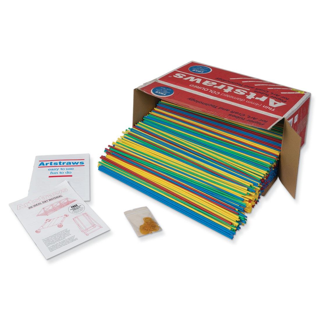 Box of Colored Artstraws Paper Tubes plus two project booklets and package of rubber bands