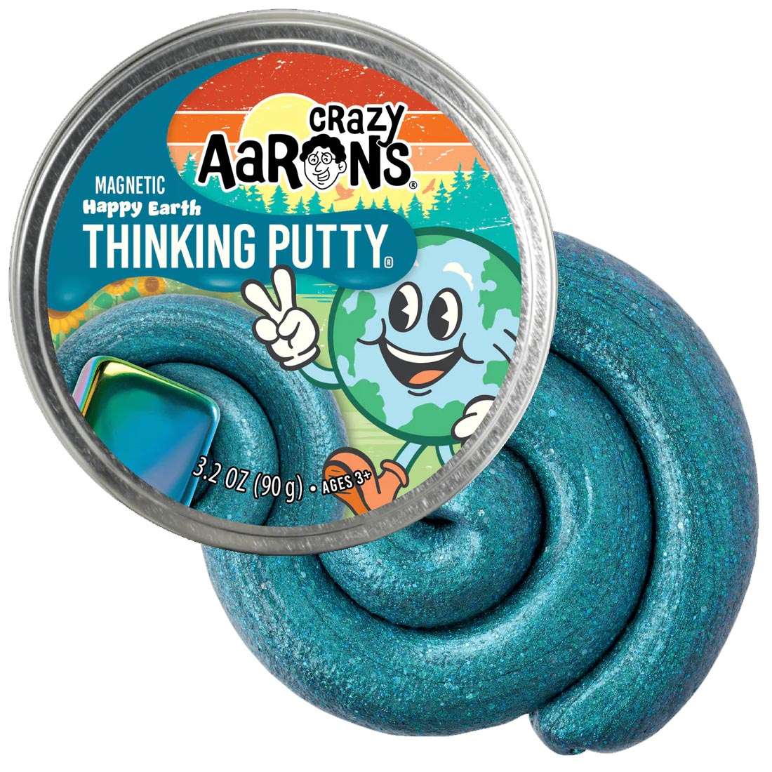 front of tin beside the Happy Earth Magnetic Thinking Putty by Crazy Aaron