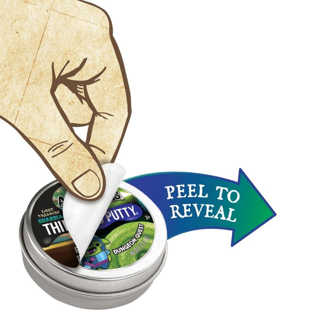 hand peeling off the mystery label of Lost Treasure Guardians Mini Thinking Putty, to reveal what style it is