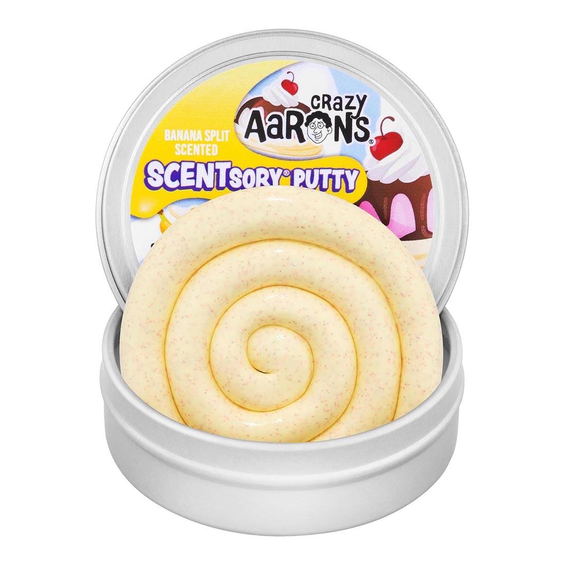 Banana Split SCENTSory Thinking Putty by Crazy Aaron, shown in tin with the lid off