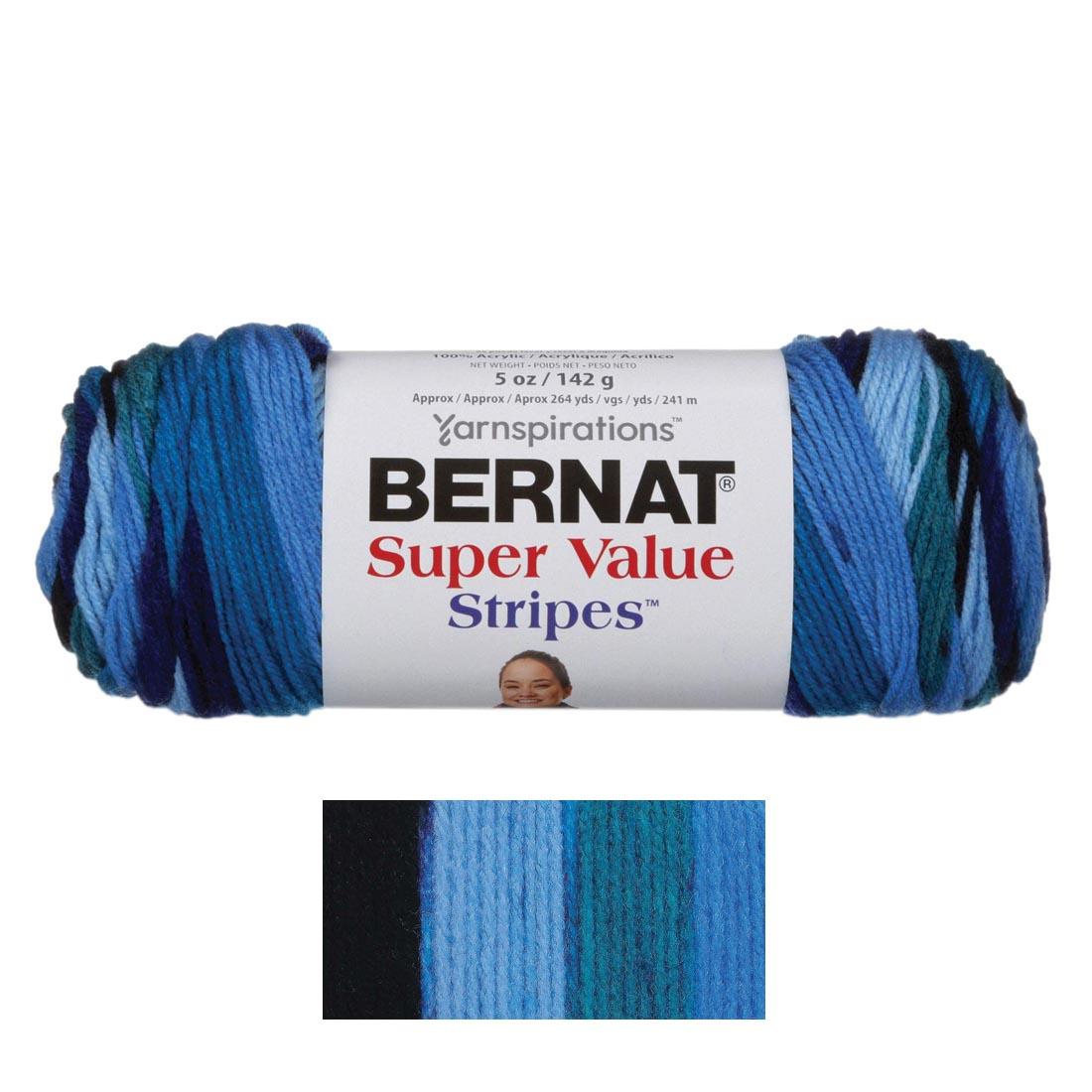 Skein of Oceana Bernat Super Value Stripes Yarn, with a close up of the variegated colors