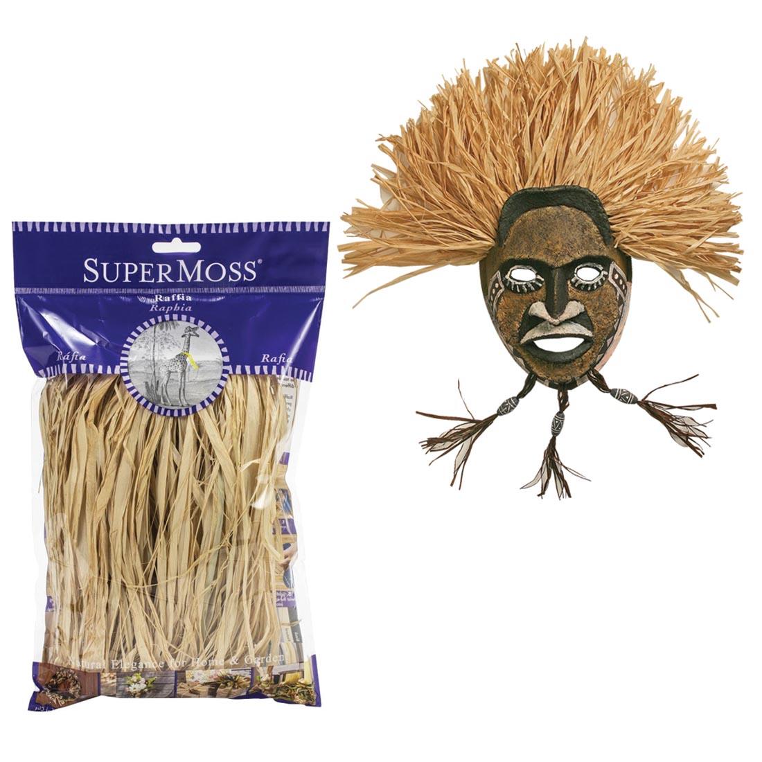 Package of Super Moss Raffia with an African mask made using it